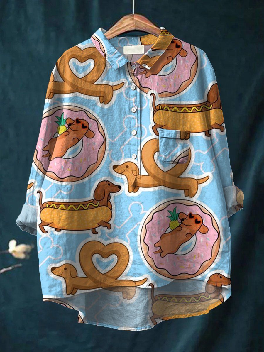 Women's Dachshund Art Print Casual Cotton And Linen Shirt