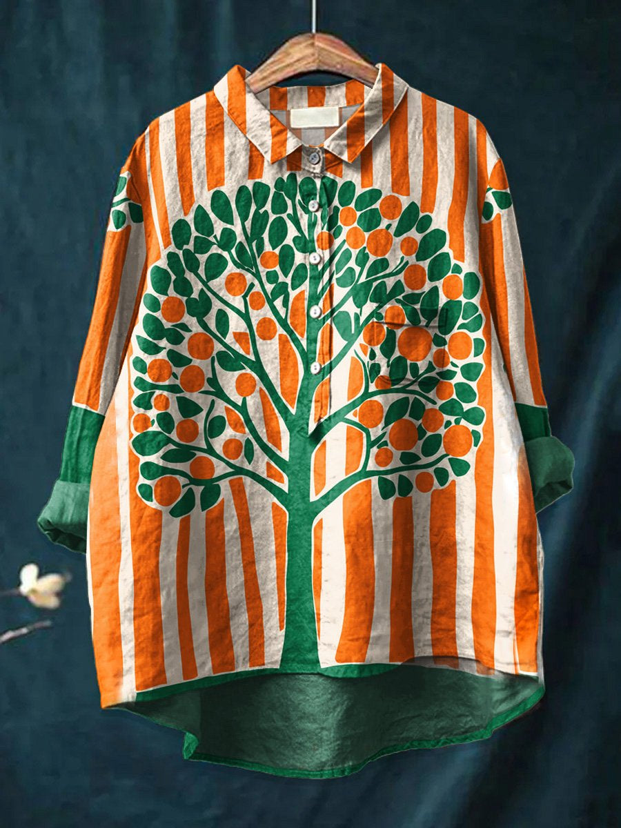 Women's   Retro Line Tree Art Print Casual Cotton And Linen Shirt