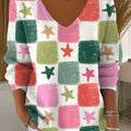 Women's Abstract Multicolor Checkered Star Painting Art Print Casual Pullover Sweater