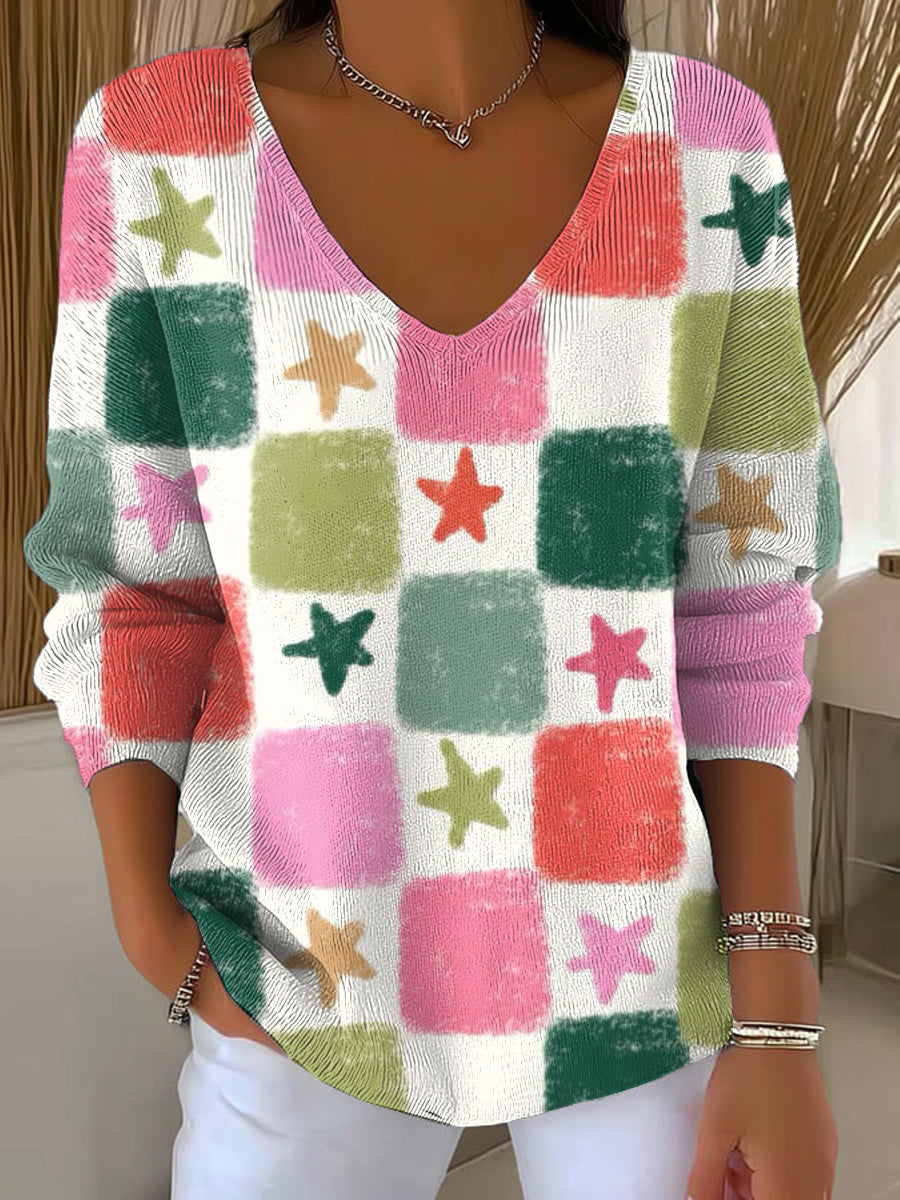 Women's Abstract Multicolor Checkered Star Painting Art Print Casual Pullover Sweater