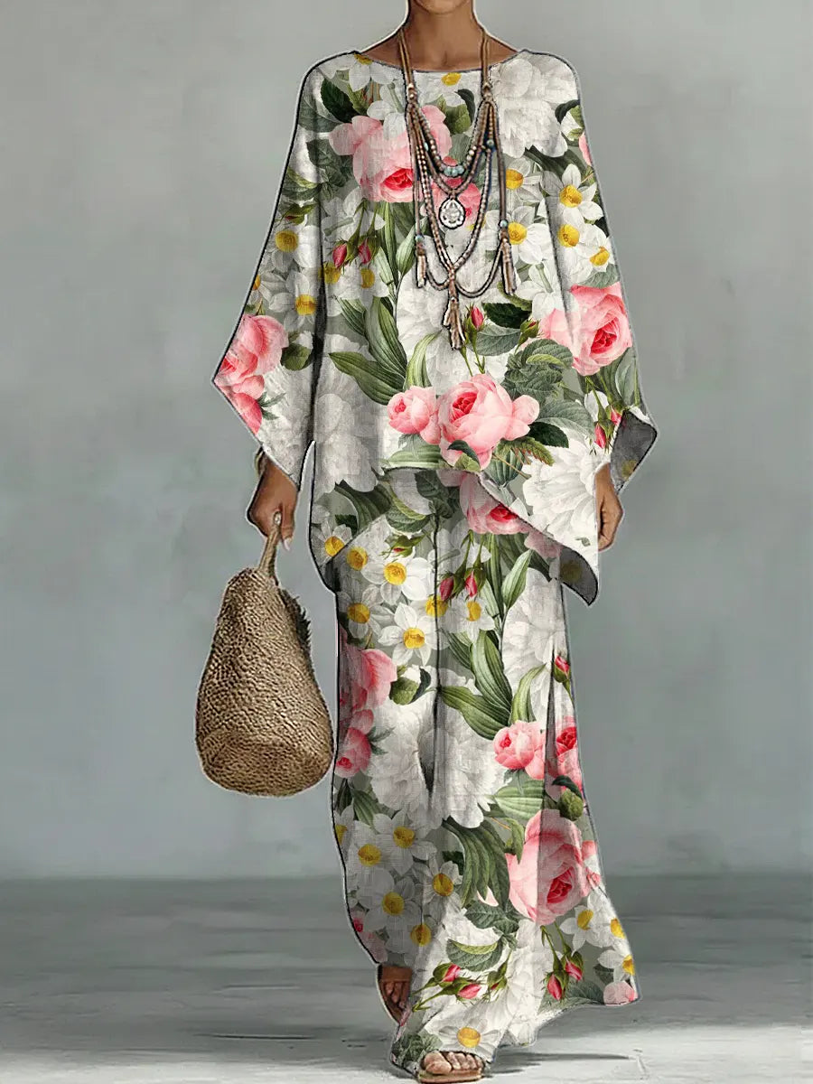 Women's Vintage Floral Art Comfortable Loose Cotton Linen Wide-leg Pants Two-piece Set