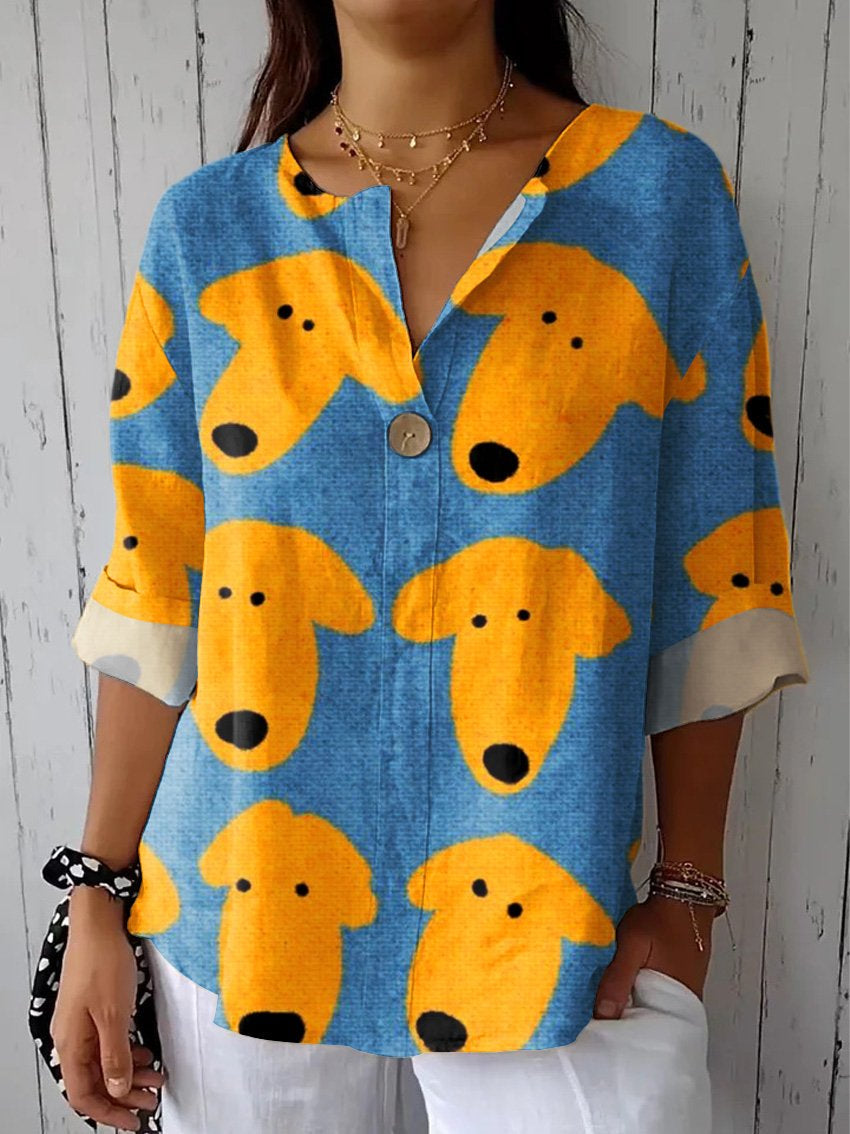 Women's Dog Art Print  Casual Cotton Linen Shirt