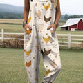 Women's Lovely Chicken Pattern Art Print Casual 100% Cotton Wide Leg Jumpsuit