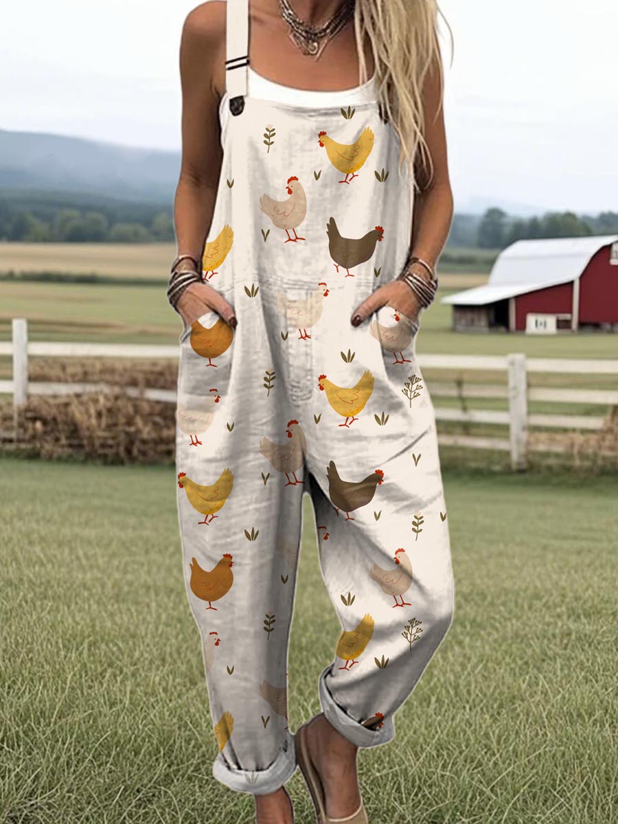 Women's Lovely Chicken Pattern Art Print Casual 100% Cotton Wide Leg Jumpsuit