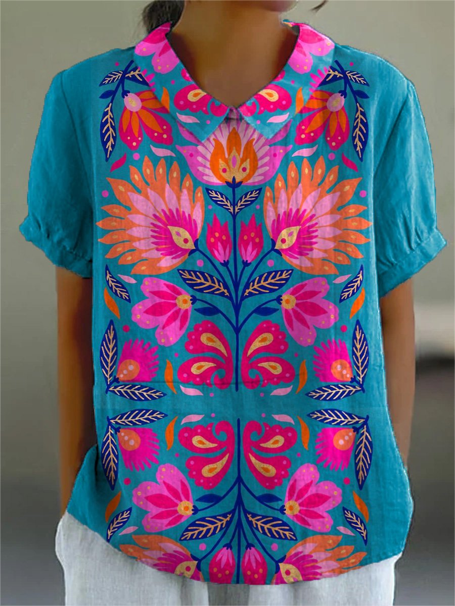 Ethnical Style Symmetrical Floral Pattern Printed Women's Casual Cotton And Linen Shirt