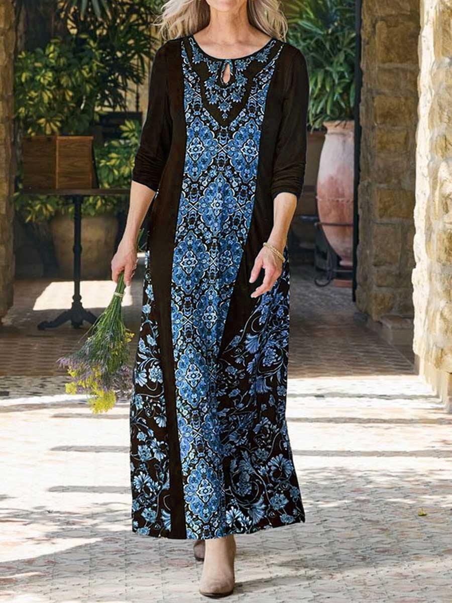 Women's Retro Print Round Neck Long Sleeve Casual Loose Dress