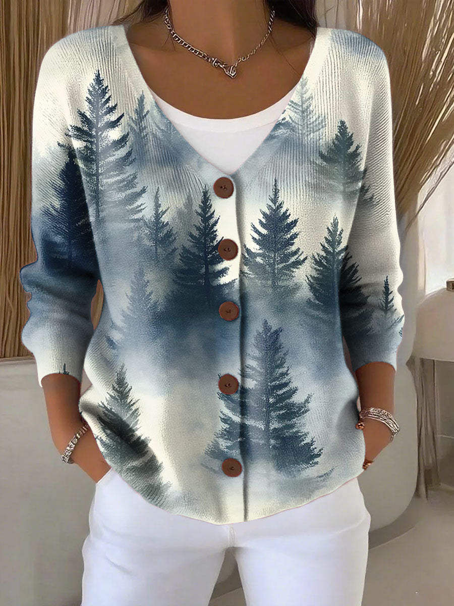 Christmas Tree Print Buttoned V-neck Cardigan Sweater