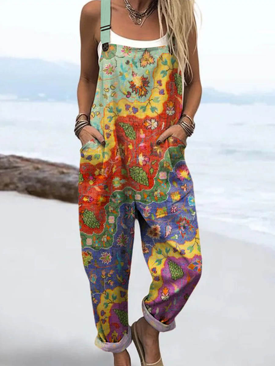 Women's Vintage Floral Pattern Art Print Casual 100% Cotton Wide Leg Jumpsuit