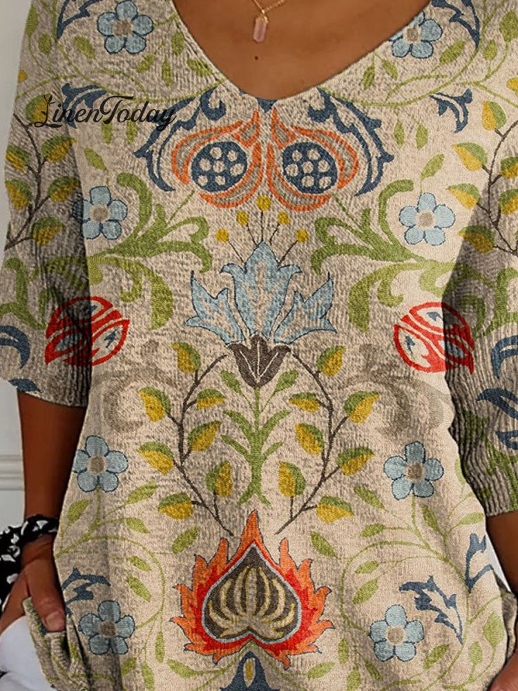 Women's Vintage Ethnic Floral Art Print Casual Pullover Knit