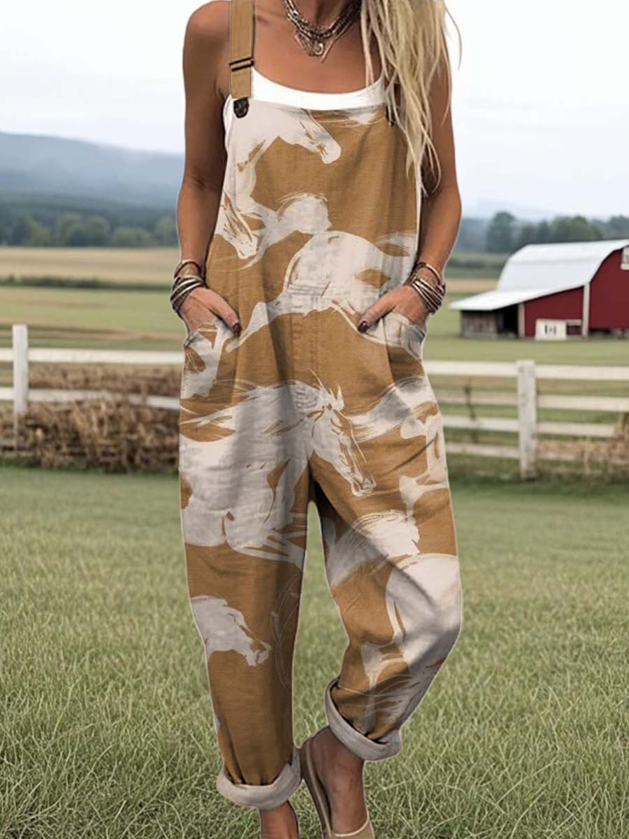 Women's Lovely Horse Pattern Art Print Casual 100% Cotton Wide Leg Jumpsuit