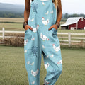 Women's Funny Chicken Art Print Casual 100% Cotton Wide Leg Jumpsuit