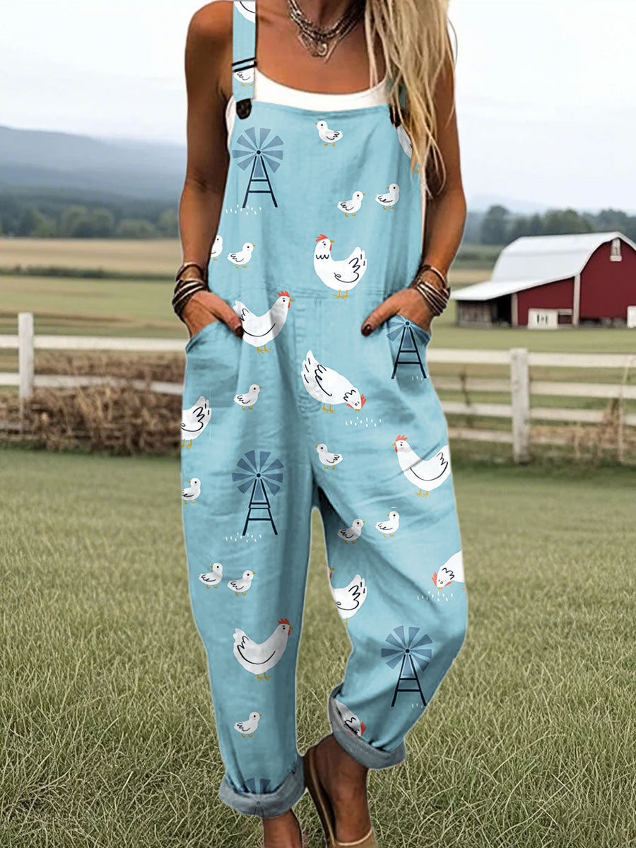 Women's Funny Chicken Art Print Casual 100% Cotton Wide Leg Jumpsuit