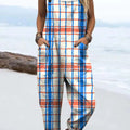 Women's Geometric Plaid Pattern Art Print Casual 100% Cotton Wide Leg Jumpsuit
