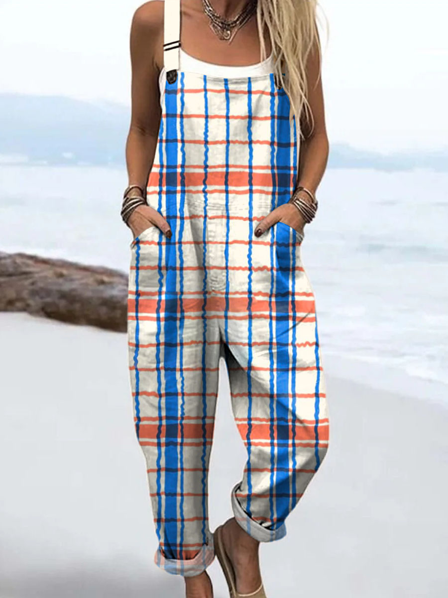 Women's Geometric Plaid Pattern Art Print Casual 100% Cotton Wide Leg Jumpsuit