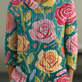 Damen-Vintage-Pullover mit Blumenmuster, Peter-Pan-Kragen, 3-4 Ärmeln (kjqa)