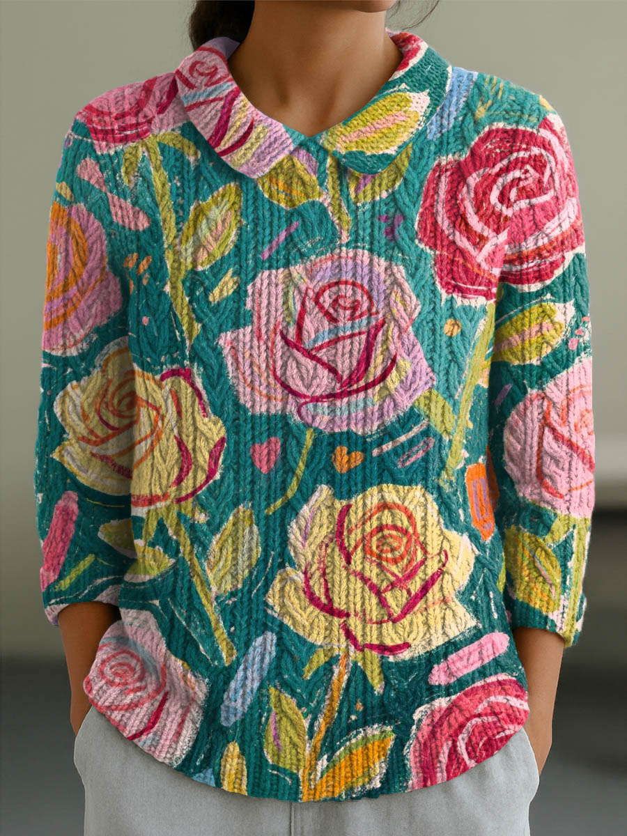 womens-vintage-floral-art-print-casual-peter-pan-collar-3-4-sleeve-sweater-kjqa