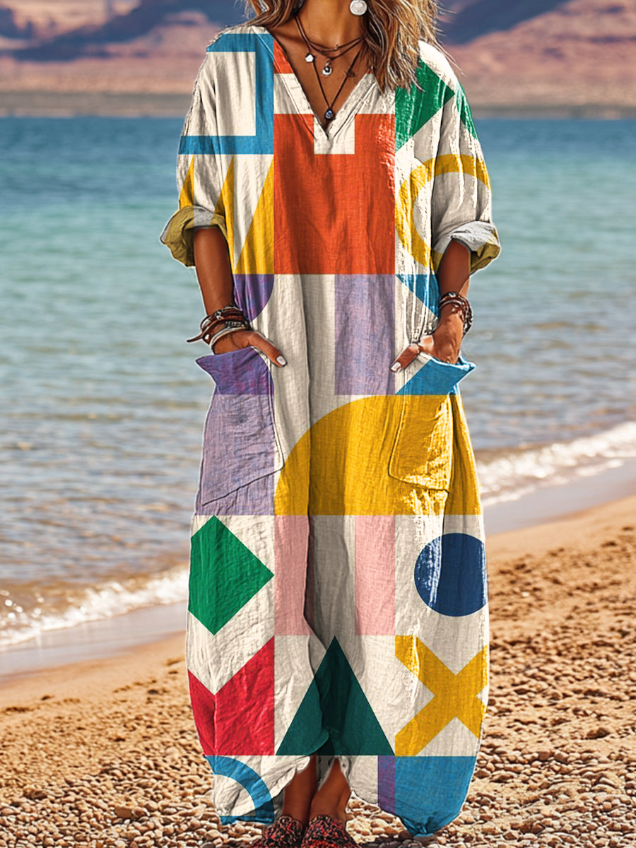 Women's Abstract Colorful Geometric Painting Art Print Pocket V-neck Cotton Dress