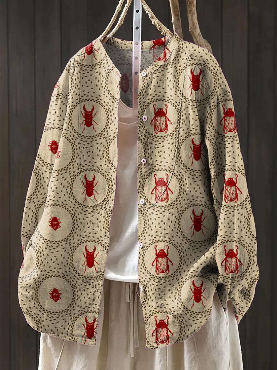 Women's Vintage Insects Pattern Art Print Casual Cotton And Linen Shirt