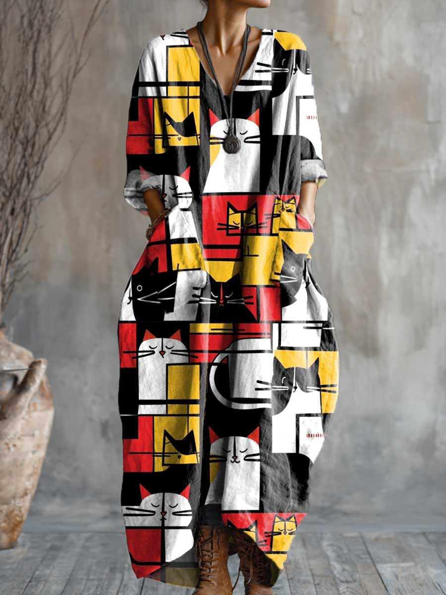 Women's Geometric Cats Art Pattern Print Pocket V-neck Cotton Dress
