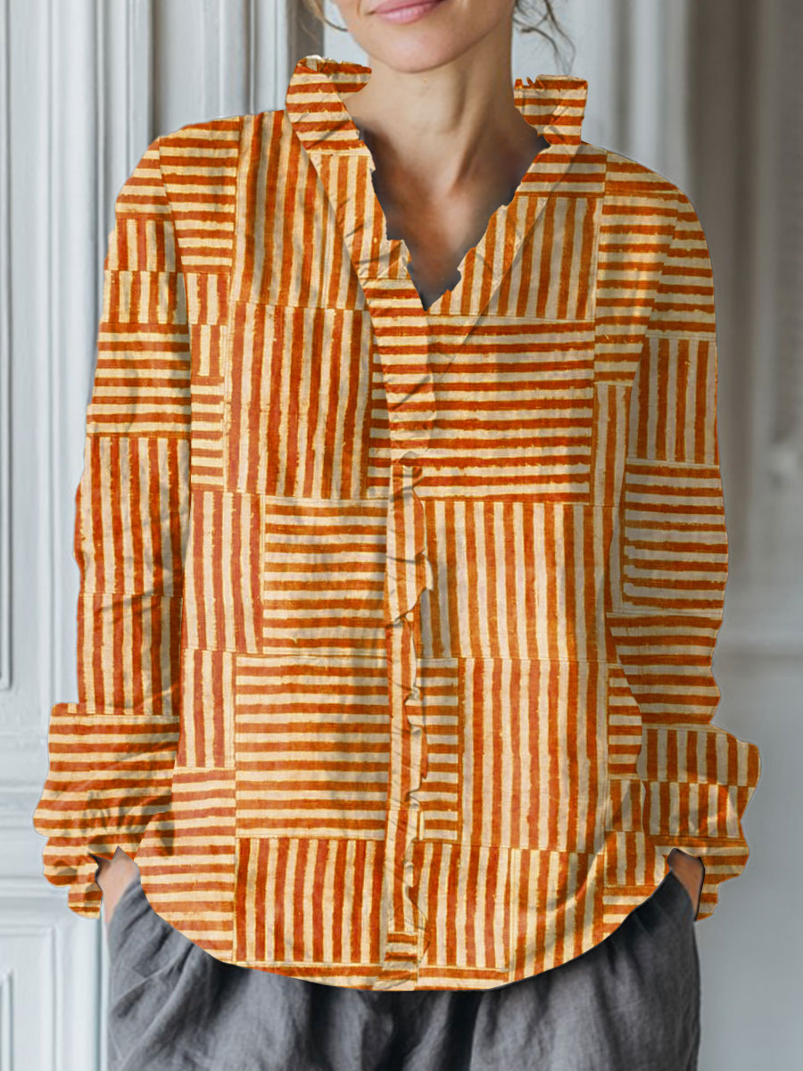 Women's Vintage  Abstract Geometry Art Print Casual Cotton And Linen Ruffle Shirt