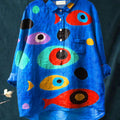 Women's Vintage Abstract Fish Art Print Casual Cotton And Linen Shirt