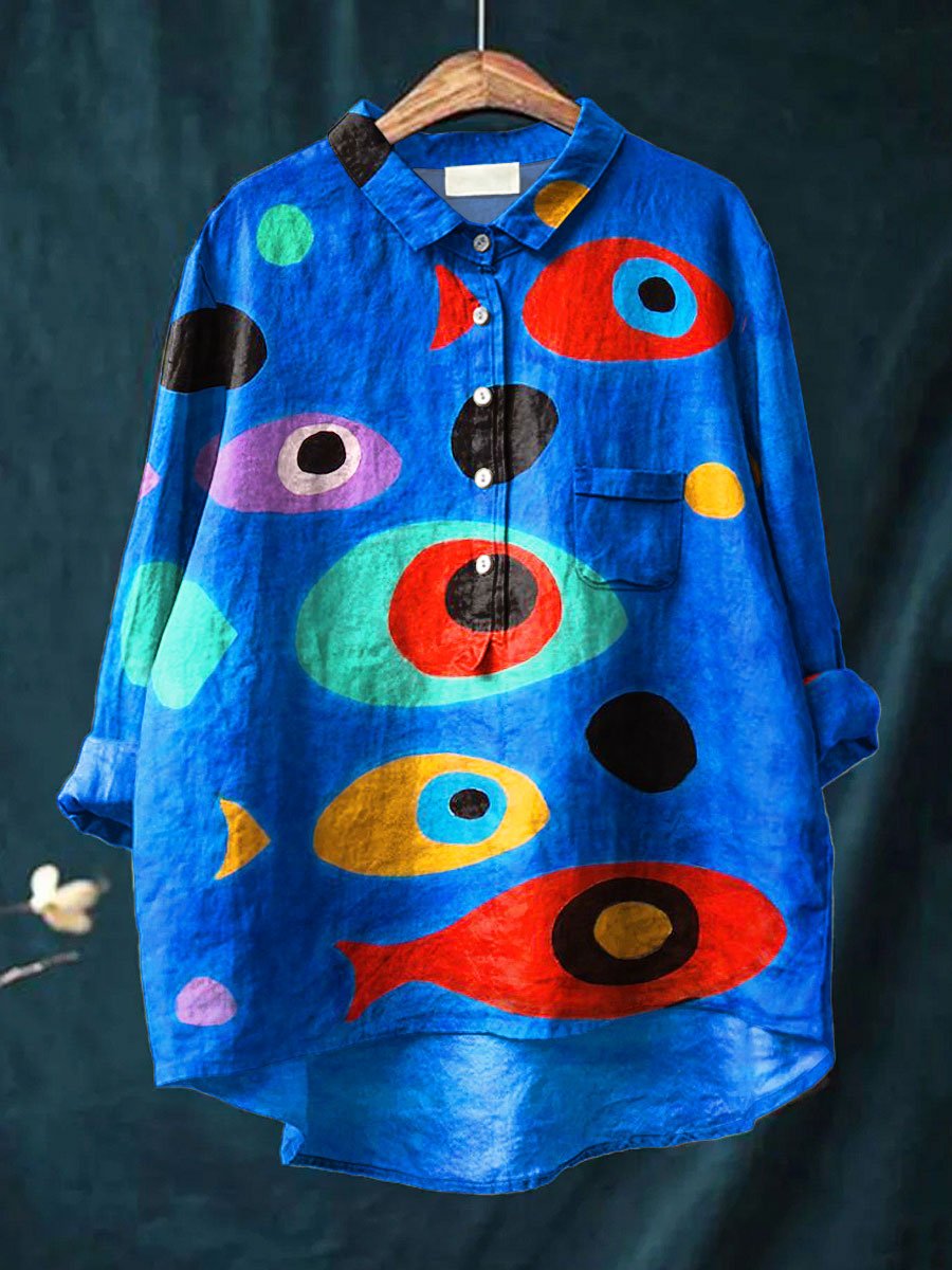 Women's Vintage Abstract Fish Art Print Casual Cotton And Linen Shirt
