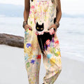 Women's Vintage Cat Floral Art Print Casual 100% Cotton Wide Leg Jumpsuit