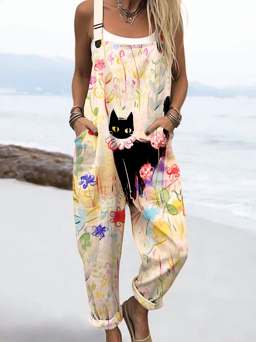 Women's Vintage Cat Floral Art Print Casual 100% Cotton Wide Leg Jumpsuit