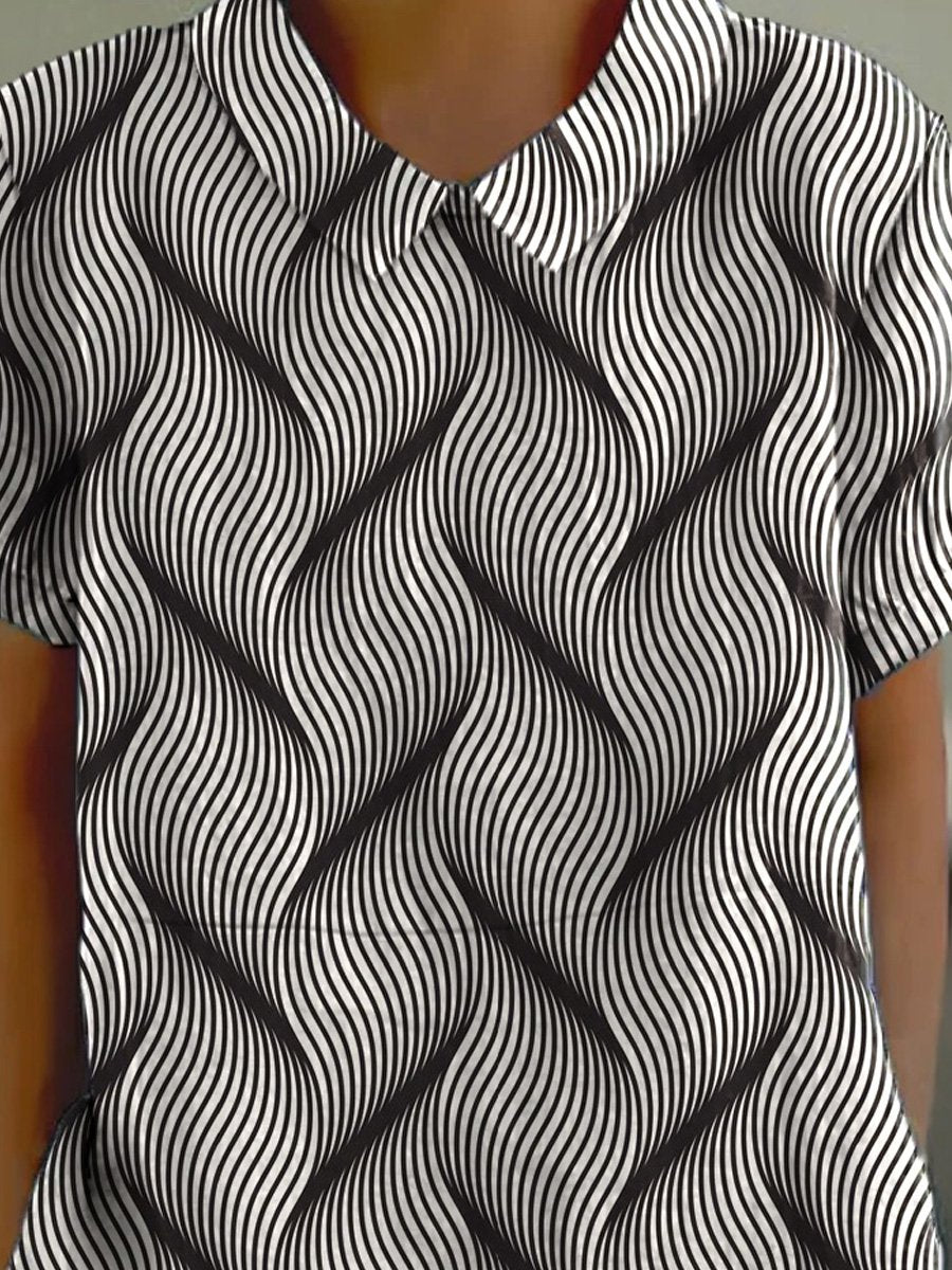 Geometric Swirl Pattern Printed Women's Casual Cotton And Linen Shirt