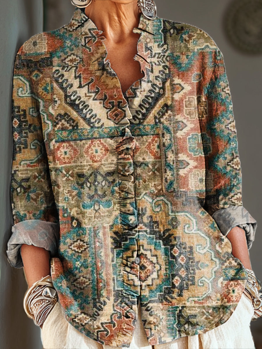 Women's Vintage Geometric Pattern Painting Art Print Casual Cotton And Linen Ruffle Shirt