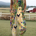 Women's  Vintage Flower Chick Art Print Casual 100% Cotton Wide Leg Jumpsuit