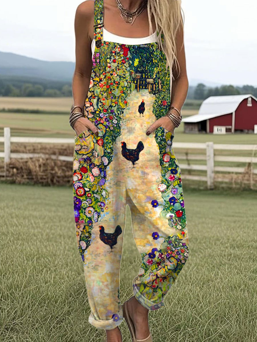 Women's  Vintage Flower Chick Art Print Casual 100% Cotton Wide Leg Jumpsuit