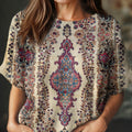 Women's Vintage Floral Art Print Casual Crew Neck Short Sleeve Knitted Sweater