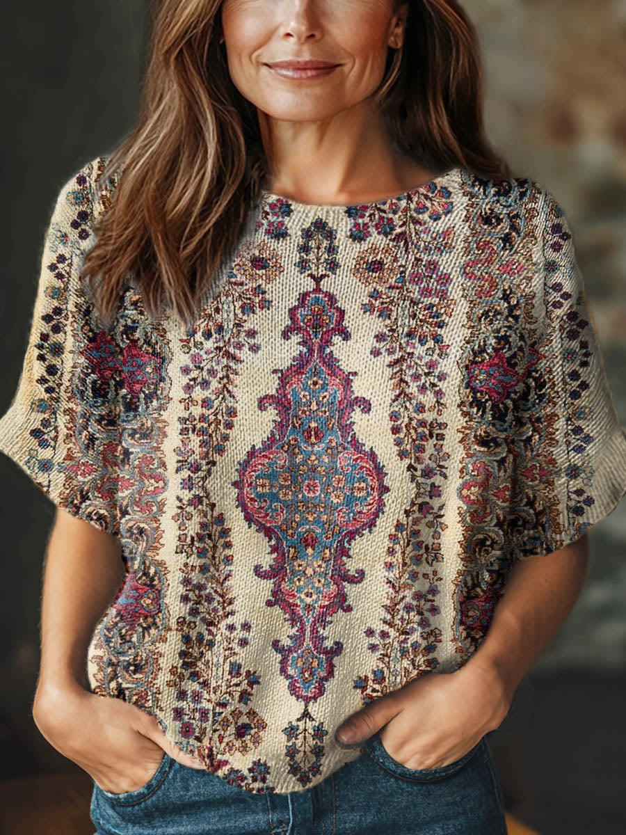 Women's Vintage Floral Art Print Casual Crew Neck Short Sleeve Knitted Sweater