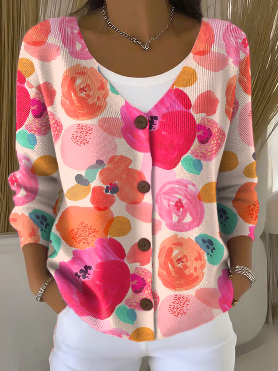 Vintage Flower  Art Print Buttoned V-neck Cardigan Sweater