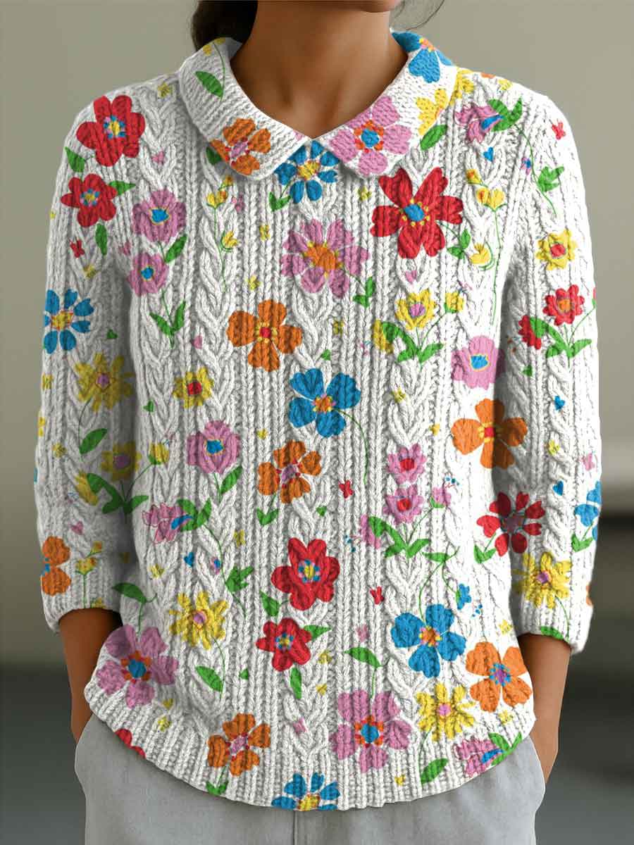 womens-floral-flowers-casual-print-peter-pan-collar-3-4-sleeve-sweater-7dk1