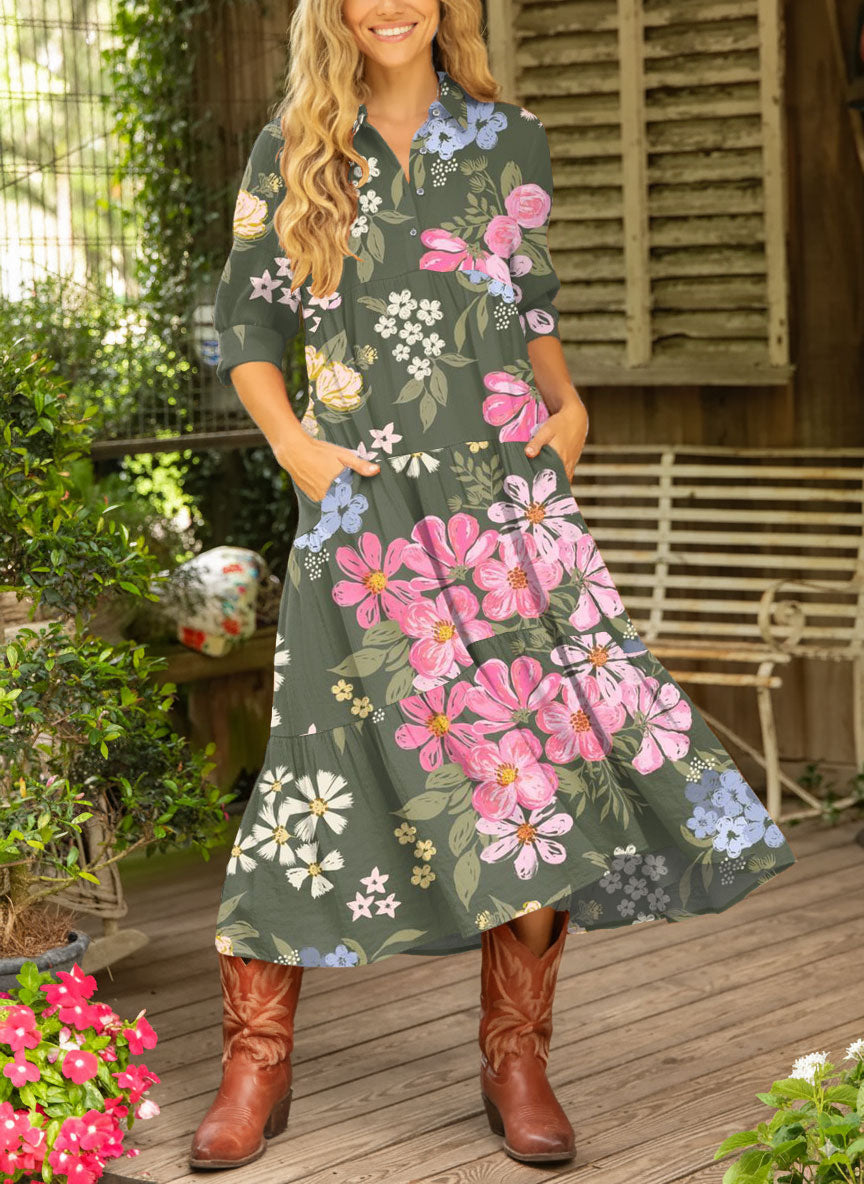 Women's Vintage Flower Art Print Casual Dress