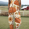 Women's  Autumn Pumpkin Vintage Art Print Casual 100% Cotton Wide Leg Jumpsuit