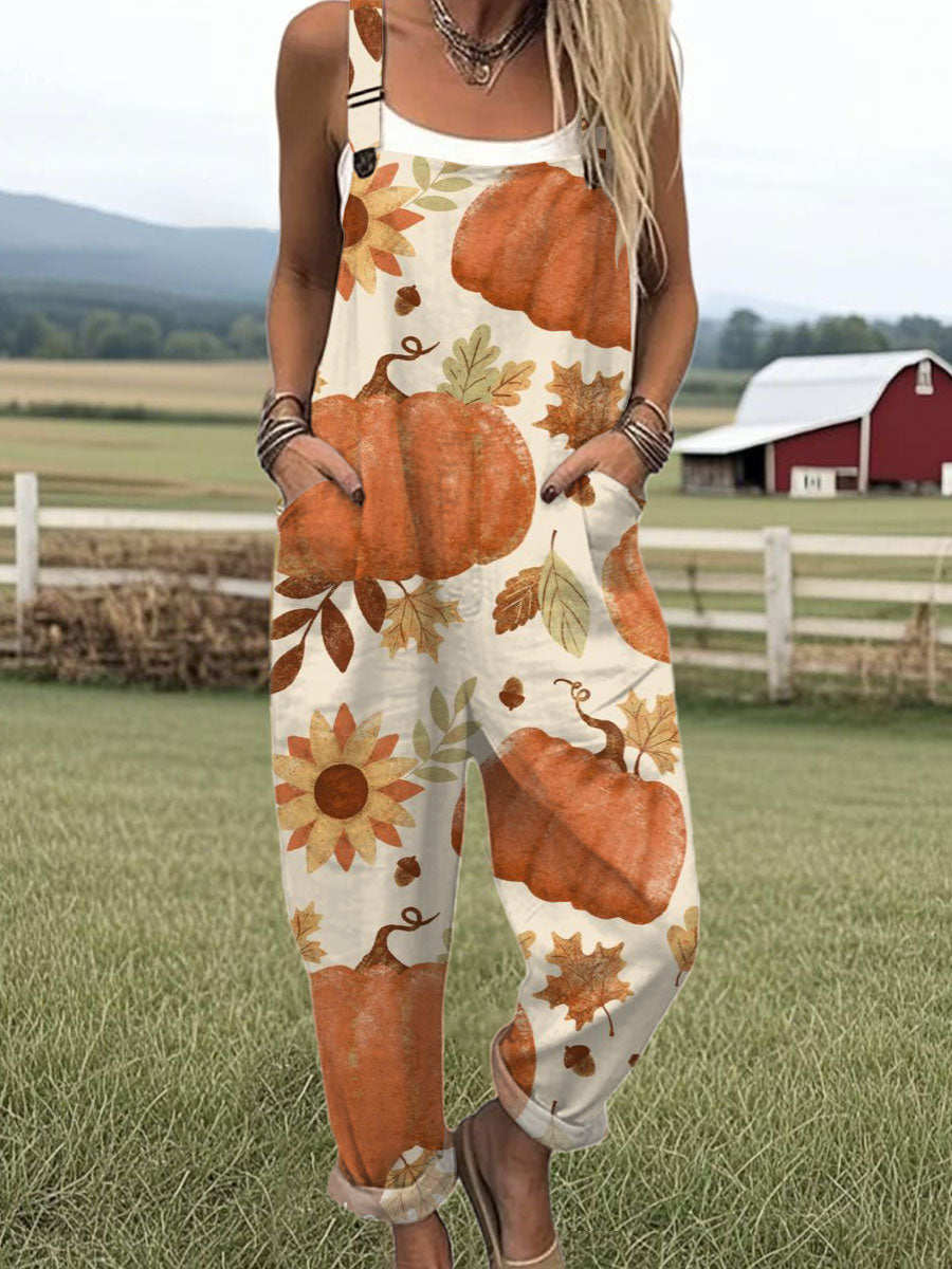 Women's  Autumn Pumpkin Vintage Art Print Casual 100% Cotton Wide Leg Jumpsuit