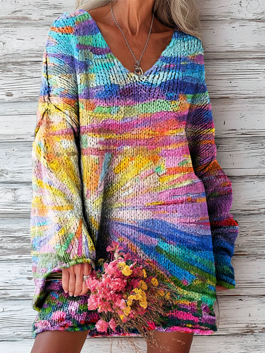 Women's Beautiful Abstract Colorful Sun Rising Painting Art Print Casual Pullover Sweater