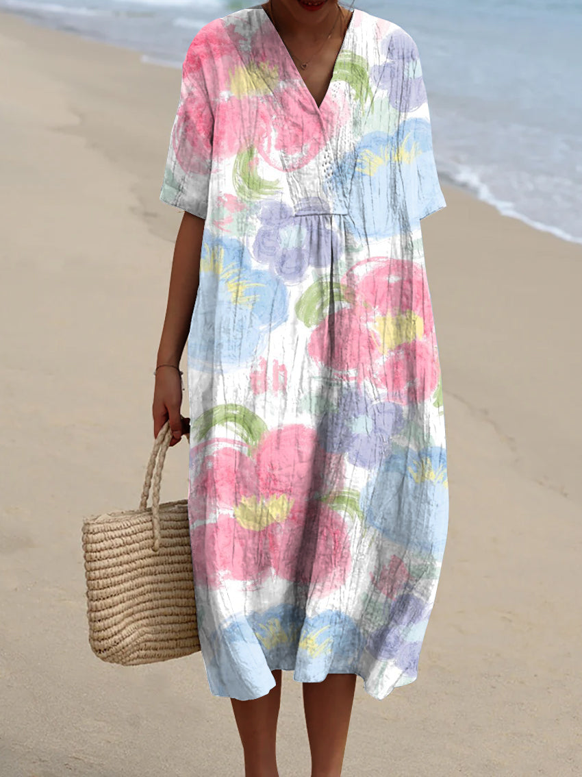 Women's Colorful Cute Flowers Print Watercolor Splash Fluid Art Print Flowy Dress