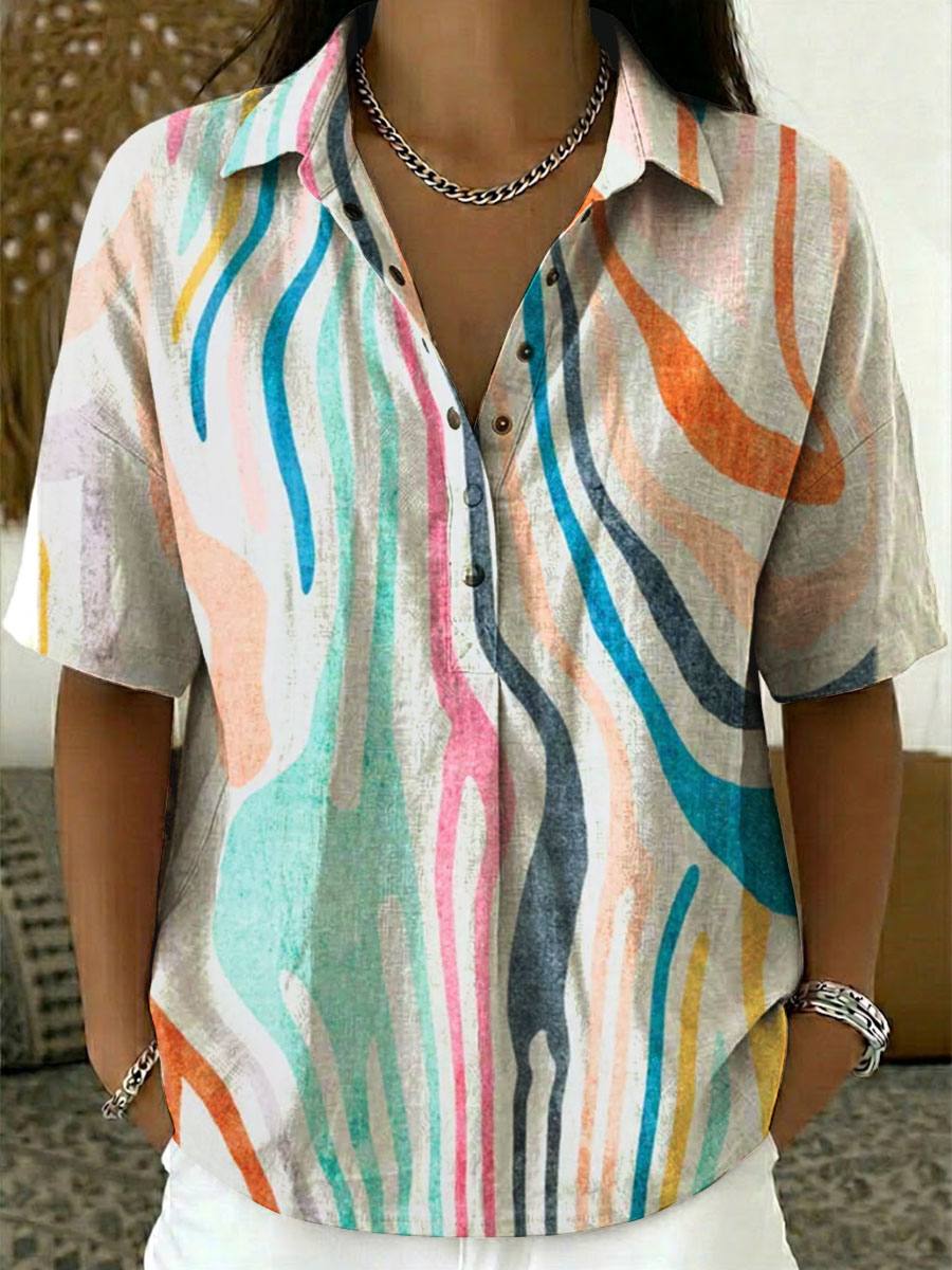 Women's Retro Lines Print Casual Cotton-linen Shirt