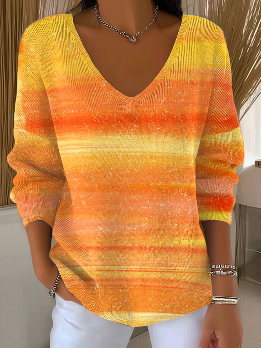 Women's Fall Gradient Vintage Art Print Casual Pullover Sweater