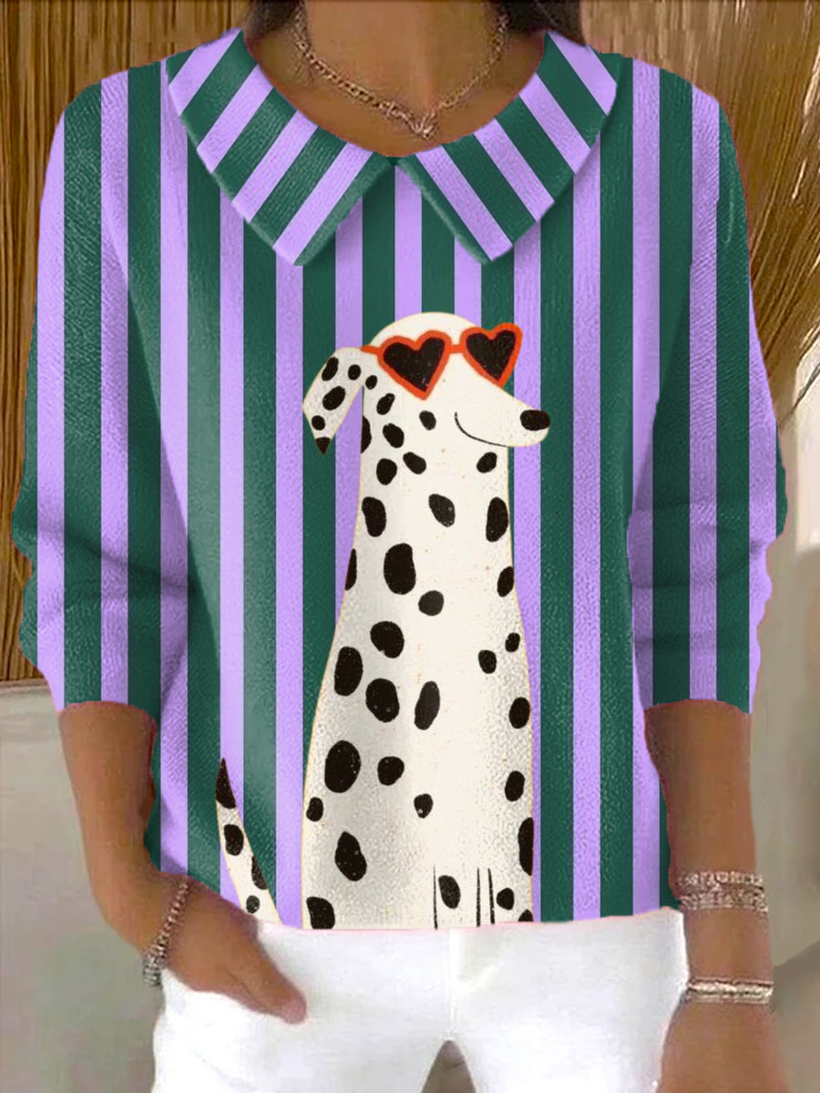 womens-cute-dog-striped-head-portrait-art-print-casual-peter-pan-collar-3-4-sleeve-sweater