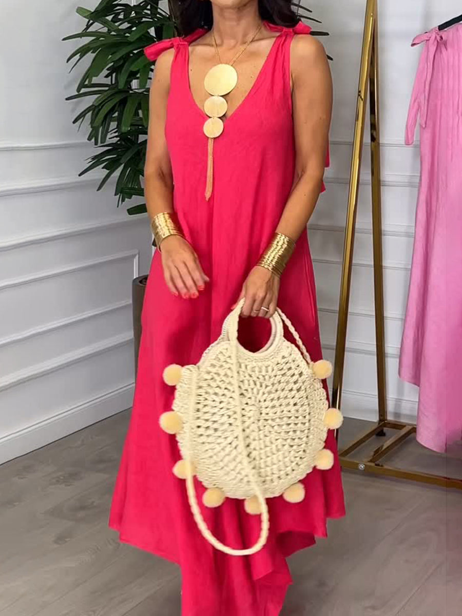 Tie-strap Bow Cotton and Linen Dress