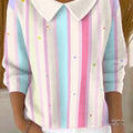 Women's Colorful Vertical Stripes And Polka Dots Print Casual Peter Pan Collar 3/4 Sleeve Sweater