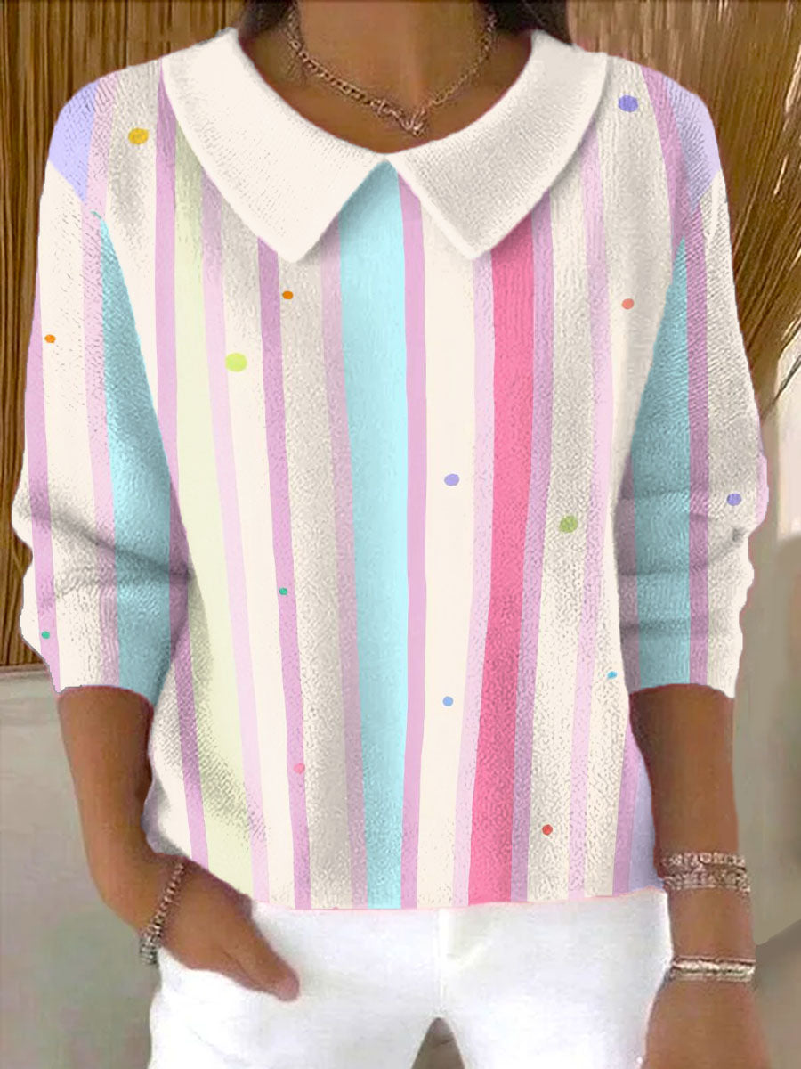 Women's Colorful Vertical Stripes And Polka Dots Print Casual Peter Pan Collar 3/4 Sleeve Sweater