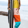 Women's Colorful Abstract Color Block Art Print Casual 100% Cotton Wide Leg Jumpsuit