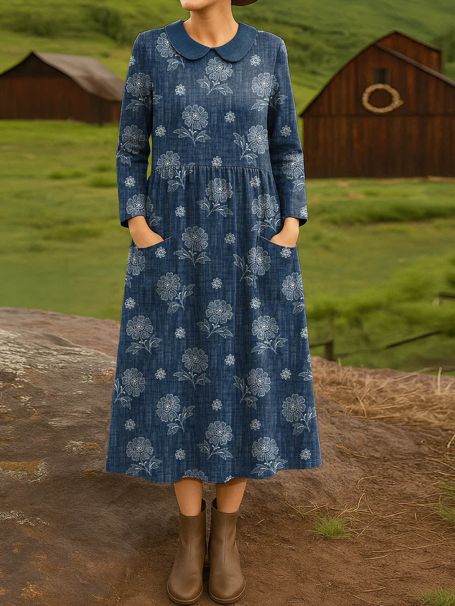 Women's Vintage Floral Pattern Art Print Cotton Lapel Shirt Dress