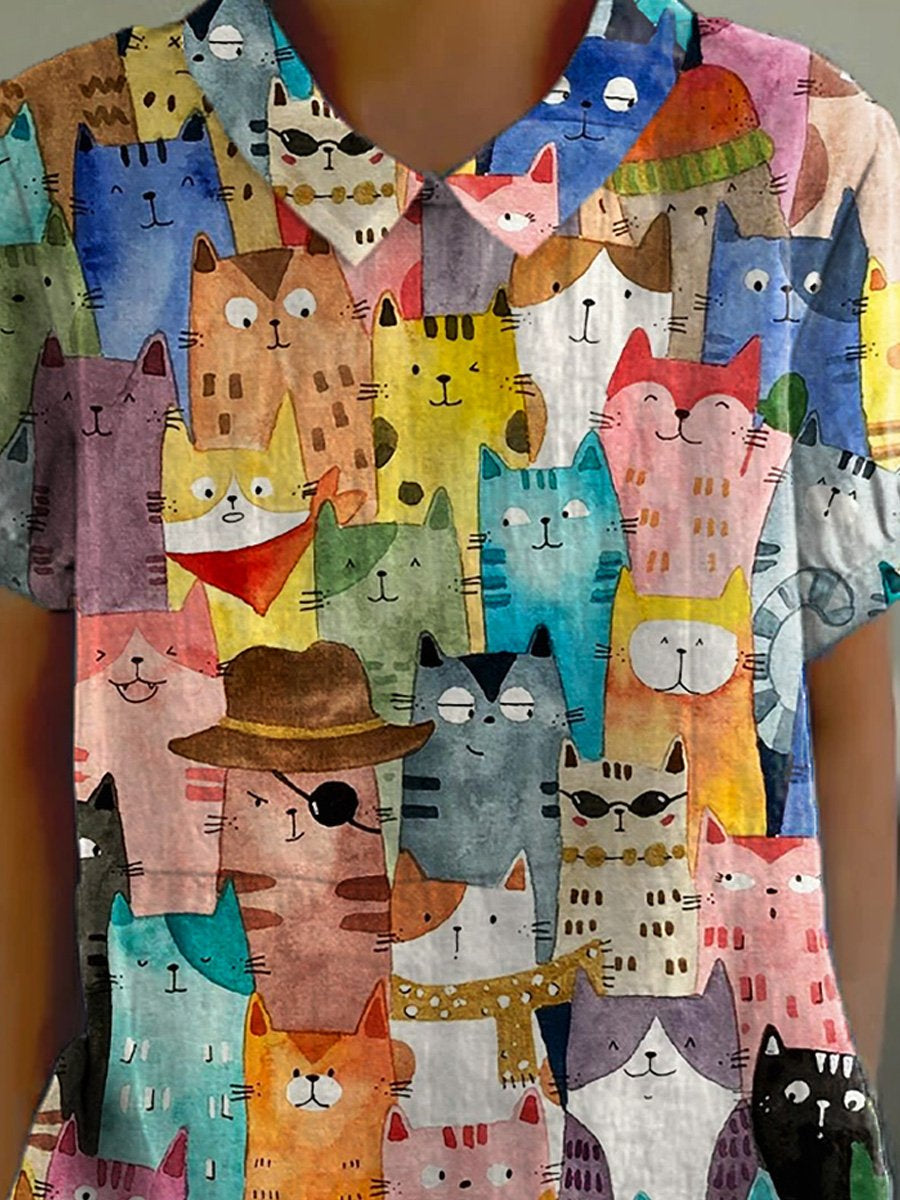 Watercolor Cute Cats Repeat Pattern Printed Women's Casual Cotton And Linen Shirt